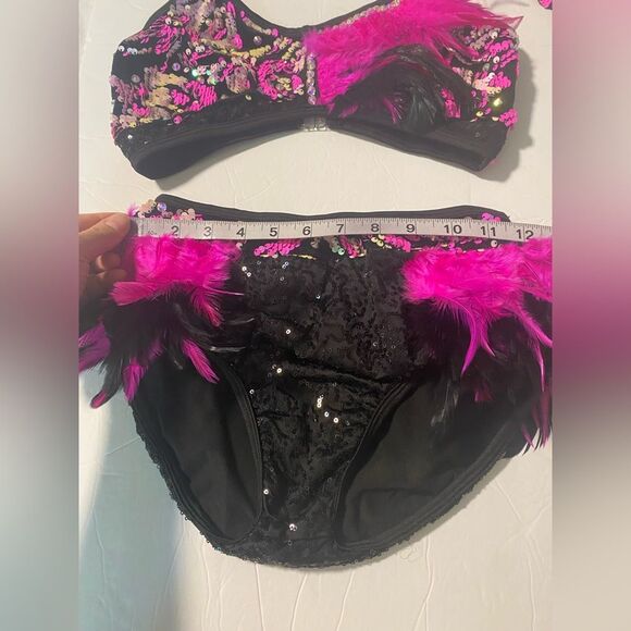Glamour solo dance costume pink black Feather embellished leotard 2 piece XLC - Picture 6 of 12